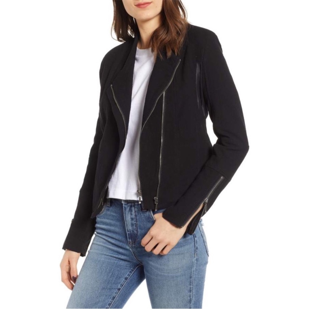 BLANK NYC Mesh Detail Crepe Jacket in Sin City Moto Jacket Black Biker Size XS